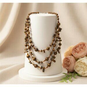 Tiger Eye Chip Lucite Bead Layered Statement Necklace Brown Crystal 23in Adj